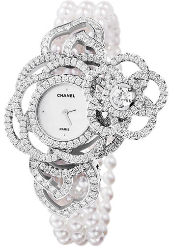 Chanel Camélia Jewelry Watch - Secret Watch With Embroidered Camellia Motif - Large White Gold Case - Cultured Pearls Bracelet