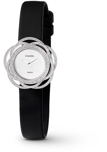 Chanel Camélia Jewelry Quartz Watch - Mini Embroidered Camellia Motif - White Gold Case - Black Satin Strap