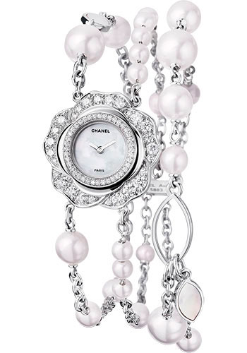 Chanel Camélia Jewelry Quartz Watch - Camellia Bud Motif - White Gold Case - Cultured Pearls Bracelet