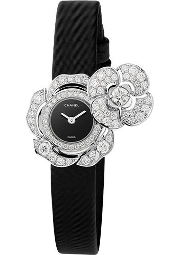 Chanel Camélia Jewelry Quartz Watch - Secret Watch With Camellia Motif - Diamond Case - Black Satin Strap