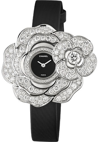 Chanel Camélia Jewelry Quartz Watch - Secret Watch With Camellia Motif - White Gold Case - Black Satin Strap