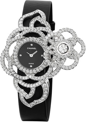 Chanel Camélia Jewelry Watch - Secret Watch With Embroidered Camellia Motif - Large White Gold Case - Black Satin Strap