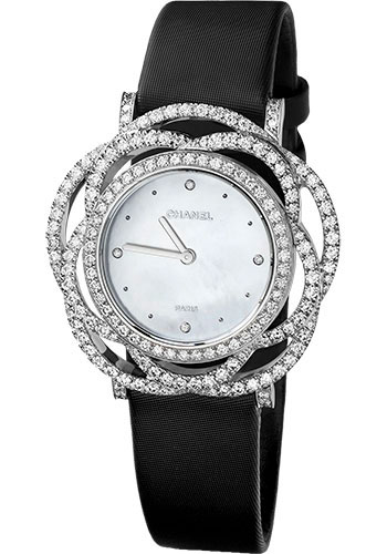 Chanel Camélia Jewelry Watch - Embroidered Camellia Motif - White Gold Case - Black Satin Strap