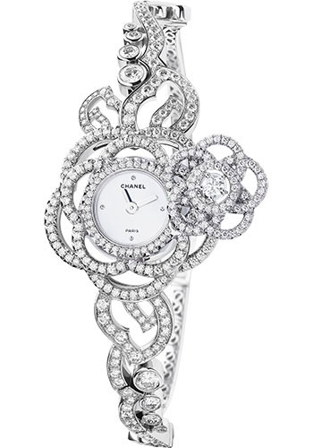 Chanel Camélia Jewelry Watch - Secret Watch With Embroidered Camellia Motif - Medium White Gold Case - Diamond Bracelet