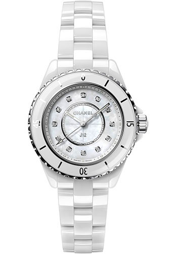 Chanel J12 Quartz Watch - 33mm White Ceramic And Steel Case - White Mother Of Pearl Diamond Dial - White Ceramic Bracelet