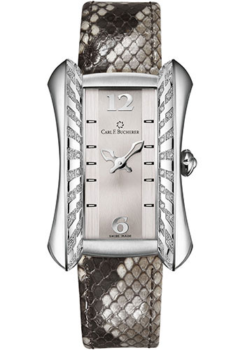 Carl F. Bucherer Alacria Diva Watch - Steel Diamond Case - Diamond Bezel - Silver Dial - Brown Python Skin Strap