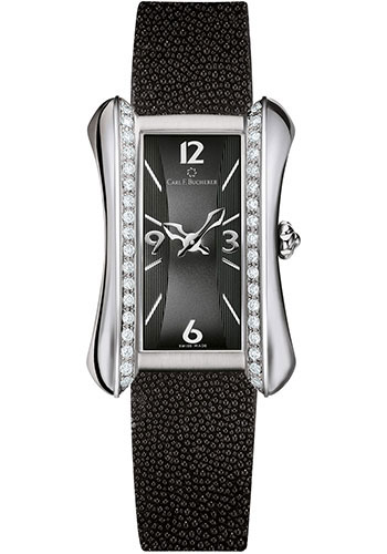 Carl F. Bucherer Alacria Midi Watch - Steel Diamond Case - Black Dial - Black Galuchat Skin Strap