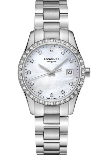 Longines Conquest Classic Quartz Watch - 34 mm Steel Diamond Case - White Mother-Of-Pearl Diamond Dial - Bracelet