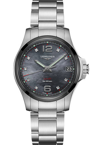 Longines Conquest V.H.P. Watch - 36 mm Steel And Ceramic Case - Black Mother-Of-Pearl Arabic Diamond Dial - Steel Bracelet