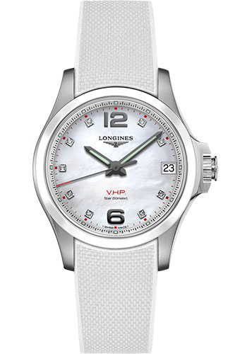 Longines Conquest V.H.P. Watch - 36 mm Steel And Ceramic Case - White Mother-Of-Pearl Arabic Diamond Dial - Rubber Strap