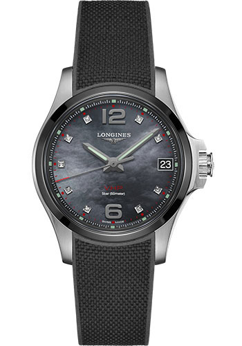 Longines Conquest V.H.P. Watch - 36 mm Steel And Ceramic Case - Black Mother-Of-Pearl Arabic Diamond Dial - Rubber Strap