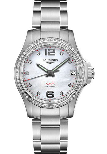 Longines Conquest V.H.P. Watch - 36 mm Steel Diamond Case - White Mother-Of-Pearl Arabic Diamond Dial - Bracelet