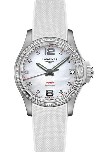 Longines Conquest V.H.P. Watch - 36 mm Steel Diamond Case - White Mother-Of-Pearl Arabic Diamond Dial - Rubber Strap
