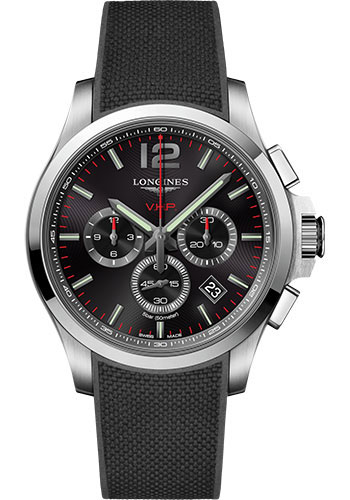 Longines Conquest V.H.P. Watch - 44 mm Steel Case - Black Carved Arabic Dial - Rubber Strap