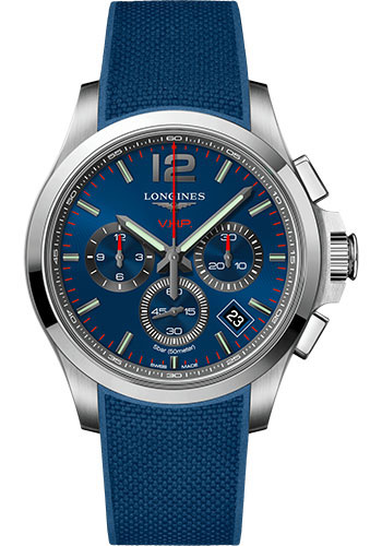 Longines Conquest V.H.P. Watch - 42 mm Steel Case - Blue Carved Arabic Dial - Rubber Strap