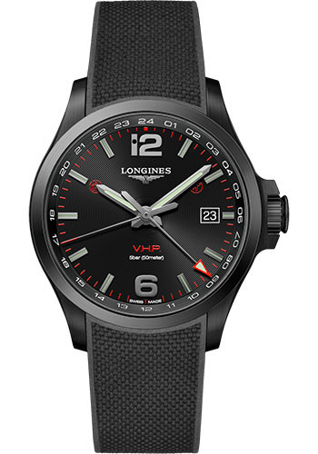 Longines Conquest V.H.P. GMT Watch - 43 mm Black PVD Case - Black Carved Arabic Dial - Rubber Strap