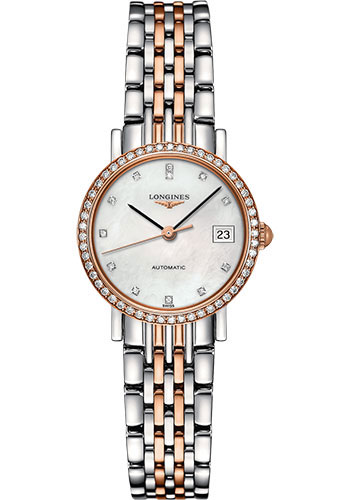Longines Elegant Collection Watch - 25.5 mm Steel And 18K Pink Gold Diamond Case - White Mother-Of-Pearl Diamond Dial - Steel And 18K Pink Gold Cap 200 Bracelet