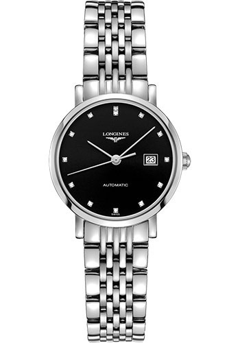 Longines Elegant Collection Watch - 29 mm Steel Case - Black Diamond Dial - Bracelet