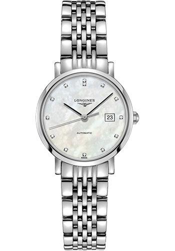 Longines Elegant Collection Watch - 29 mm Steel Case - White Mother-Of-Pearl Diamond Dial - Bracelet