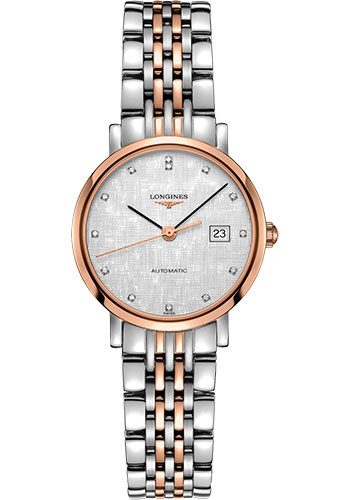 Longines Elegant Collection Watch - 29 mm Steel And 18K Pink Gold Cap 200 Case - Striped Silver Diamond Dial - Bracelet