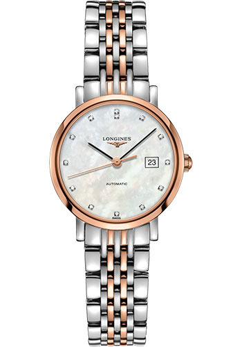 Longines Elegant Collection Watch - 29 mm Steel And 18K Pink Gold Cap 200 Case - White Mother-Of-Pearl Diamond Dial - Bracelet