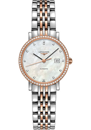 Longines Elegant Collection Watch - 29 mm Steel And 18K Pink Gold Diamond Case - White Mother-Of-Pearl Diamond Dial - Steel And 18K Pink Gold Cap 200 Bracelet