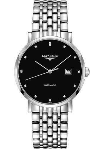 Longines Elegant Collection Watch - 39 mm Steel Case - Black Diamond Dial - Bracelet