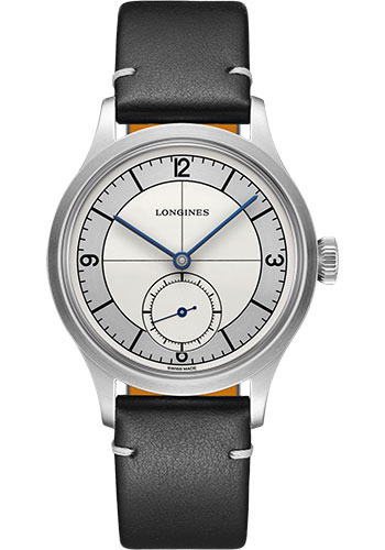 Longines Heritage Classic Small Seconds Watch - 38.5 mm Steel Case - Silver Arabic Dial - Black Leather Strap