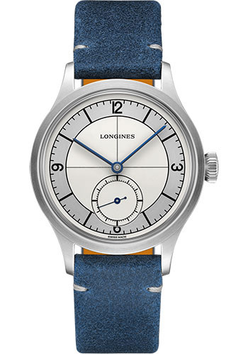 Longines Heritage Classic Small Seconds Watch - 38.5 mm Steel Case - Silver Arabic Dial - Blue Leather Strap