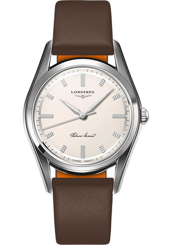 Longines Heritage Classic Silver Arrow Watch - 38.5 mm Stainless Steel Case - Silver Dial - Brown Leather Strap