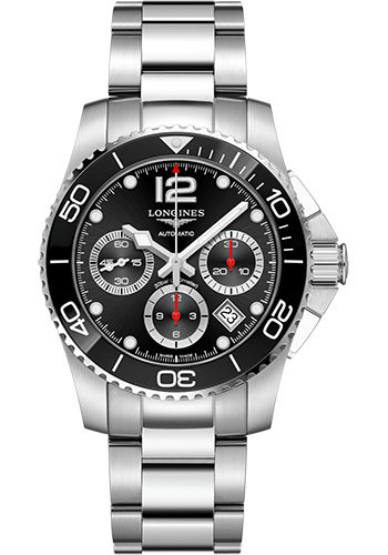 Longines HydroConquest Chronograph Automatic Watch - 41 mm Steel And Ceramic Case - Black Arabic Dial - Steel Bracelet