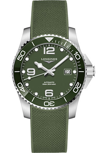 Longines HydroConquest Automatic Watch - 41 mm Steel And Ceramic Case - Green Arabic Dial - Rubber Strap
