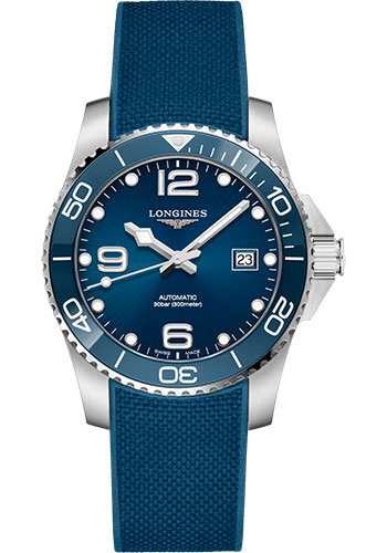 Longines HydroConquest Automatic Watch - 41 mm Steel And Ceramic Case - Blue Arabic Dial - Rubber Strap