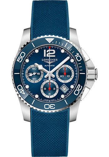 Longines HydroConquest Chronograph Automatic Watch - 41 mm Steel And Ceramic Case - Blue Arabic Dial - Rubber Strap
