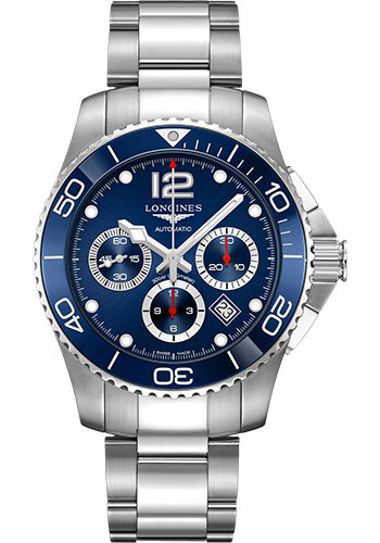 Longines HydroConquest Chronograph Automatic Watch - 43 mm Steel And Ceramic Case - Blue Arabic Dial - Steel Bracelet