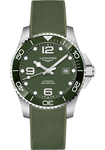 Longines HydroConquest Automatic Watch - 43 mm Steel And Ceramic Case - Green Arabic Dial - Rubber Strap