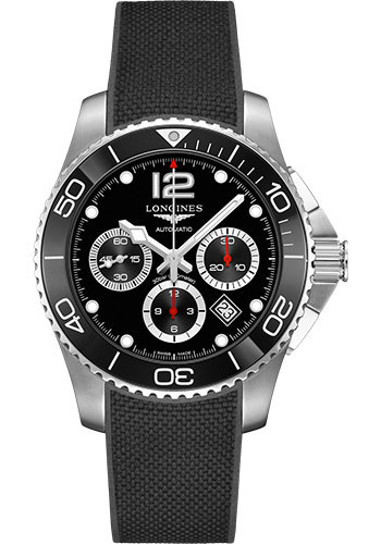 Longines HydroConquest Chronograph Automatic Watch - 43 mm Steel And Ceramic Case - Black Arabic Dial - Rubber Strap