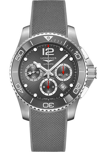 Longines HydroConquest Chronograph Automatic Watch - 43 mm Steel And Ceramic Case - Grey Arabic Dial - Rubber Strap