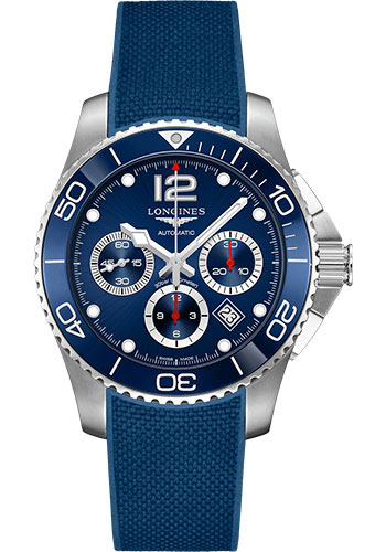 Longines HydroConquest Chronograph Automatic Watch - 43 mm Steel And Ceramic Case - Blue Arabic Dial - Rubber Strap