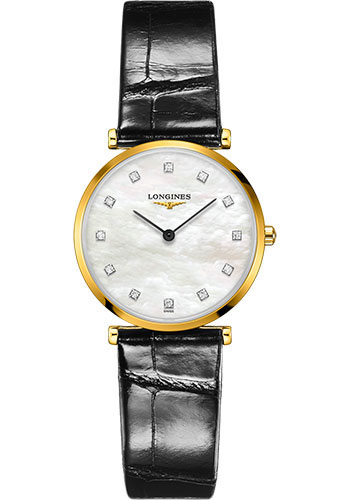 Longines La Grande Classique de Longines Quartz Watch - 29 mm Yellow PVD Case - White Mother-Of-Pearl Diamond Dial - Alligator Strap