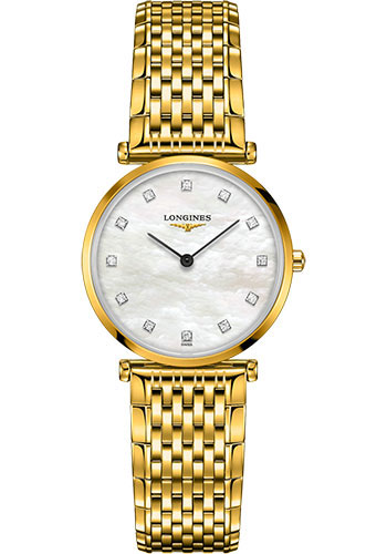 Longines La Grande Classique de Longines Quartz Watch - 29 mm Yellow PVD Case - White Mother-Of-Pearl Diamond Dial - Bracelet