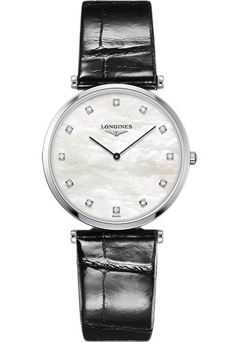 Longines La Grande Classique de Longines Quartz Watch - 33 mm Steel Case - White Mother-Of-Pearl Diamond Dial - Alligator Strap