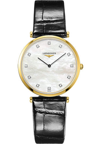 Longines La Grande Classique de Longines Quartz Watch - 33 mm Yellow PVD Case - White Mother-Of-Pearl Diamond Dial - Alligator Strap