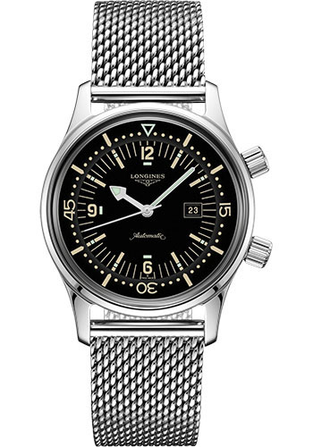 Longines Legend Diver Watch Watch - 36 mm Steel Case - Black Arabic Dial - Bracelet