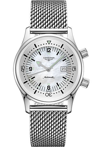 Longines Legend Diver Watch Watch - 36 mm Steel Case - White Mother-Of-Pearl Arabic Dial - Bracelet