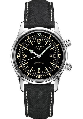 Longines Legend Diver Watch Watch - 36 mm Steel Case - Black Arabic Dial - Black Leather Strap