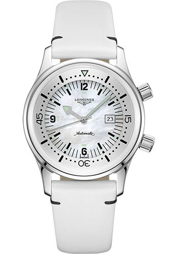 Longines Legend Diver Watch Watch - 36 mm Steel Case - White Mother-Of-Pearl Arabic Dial - White Leather Strap