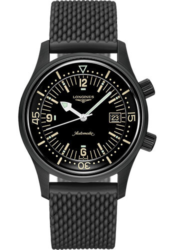 Longines Legend Diver Watch Watch - 42 mm Black PVD Case - Black Arabic Dial - Rubber Strap