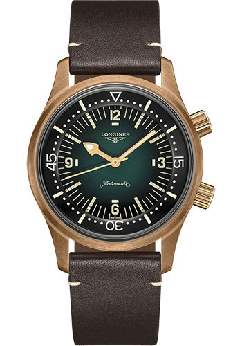 Longines Legend Diver Watch Watch - 42 mm Bronze and Titanium Case - Green Arabic Dial - Brown Leather Strap