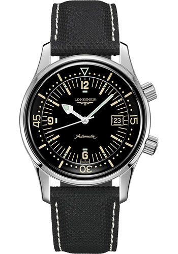 Longines Legend Diver Watch Watch - 42 mm Steel Case - Black Arabic Dial - Black Leather Strap